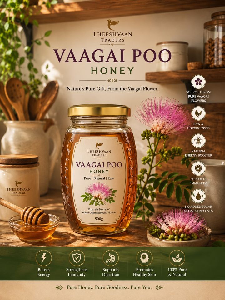 Vaagai Poo Honey jar with vaagai flowers